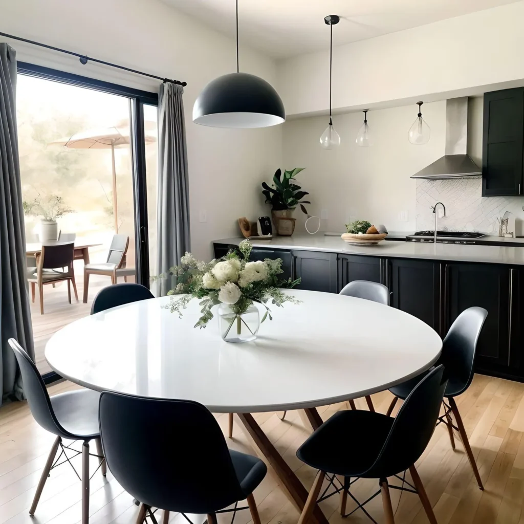 Dekor Tischplatte rund weiß mit schwarzen Stühlen rundherum