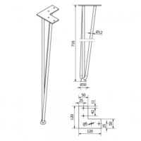 Technische Zeichnung des SO-TECH® Haarnadelbeins 710 mm mit 3 Streben, Montageplatte und Bodenschutz, inklusive Bemaßung.