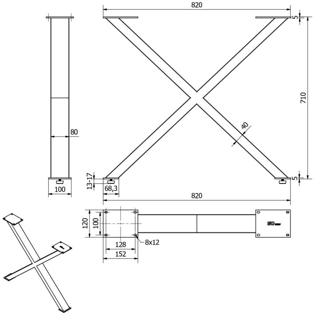 Maßzeichnung des X-Form Tischgestelles von SoTech