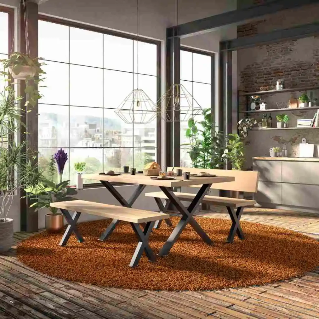 Esstisch und Bänke mit X-Form Beinen