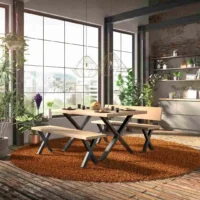 Esstisch und Bänke mit X-Form Beinen