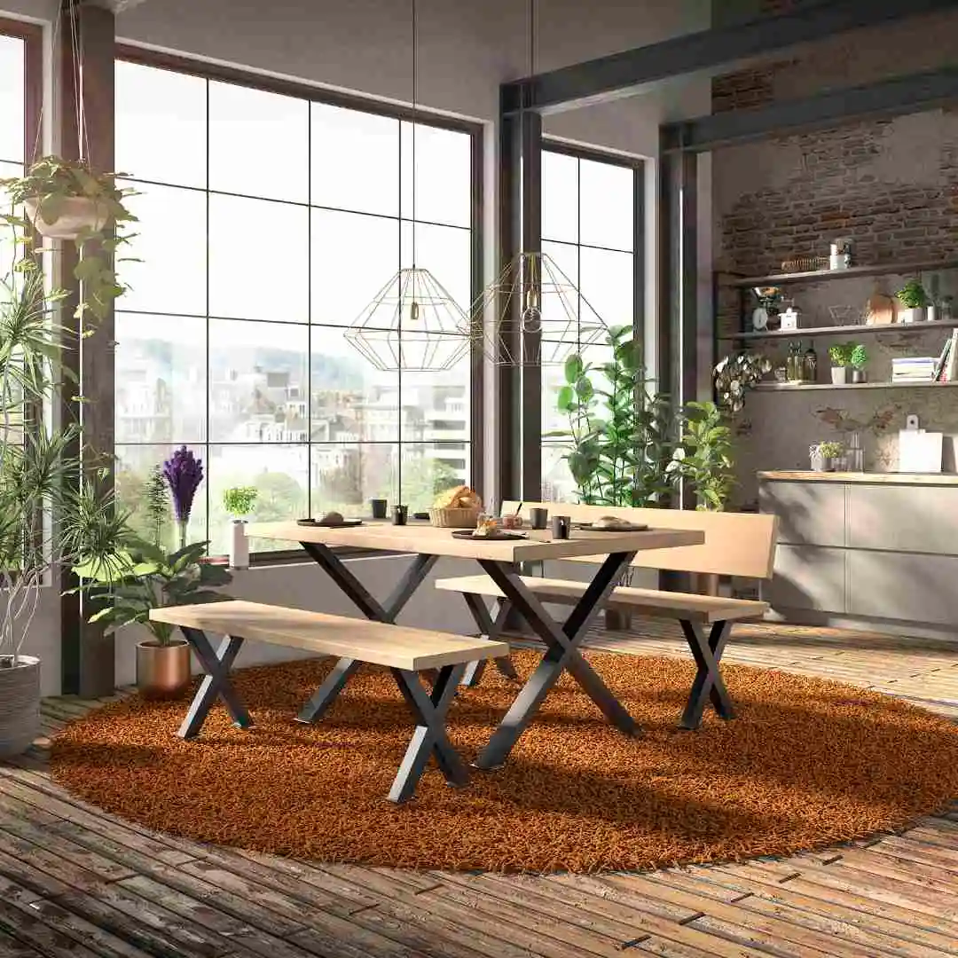 Esstisch und Bänke mit X-Form Beinen