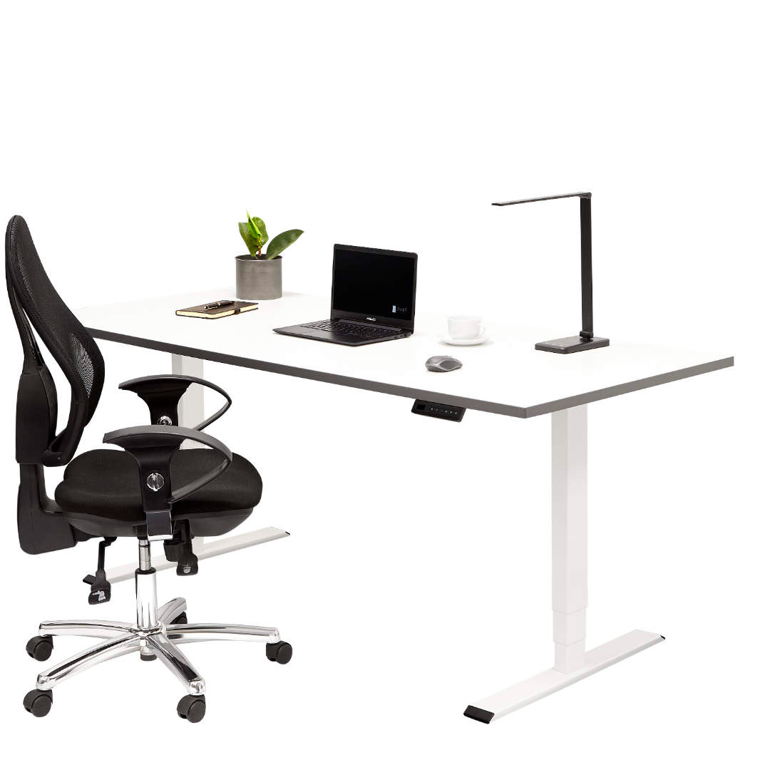 Höhenverstellbarer Schreibtisch in Weiß mit weißer Tischplatte mit schwarzem Kern