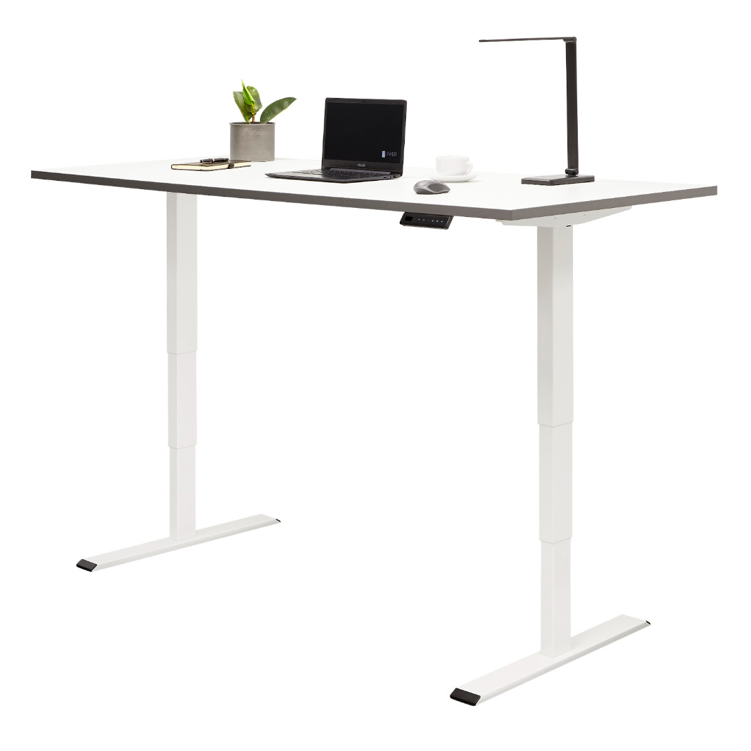 Höhenverstellbarer Schreibtisch in Weiß mit weißer Tischplatte mit schwarzem Kern
