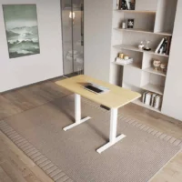 Höhenverstellbarer Schreibtisch in Weiß mit Holzdekor Tischplatte