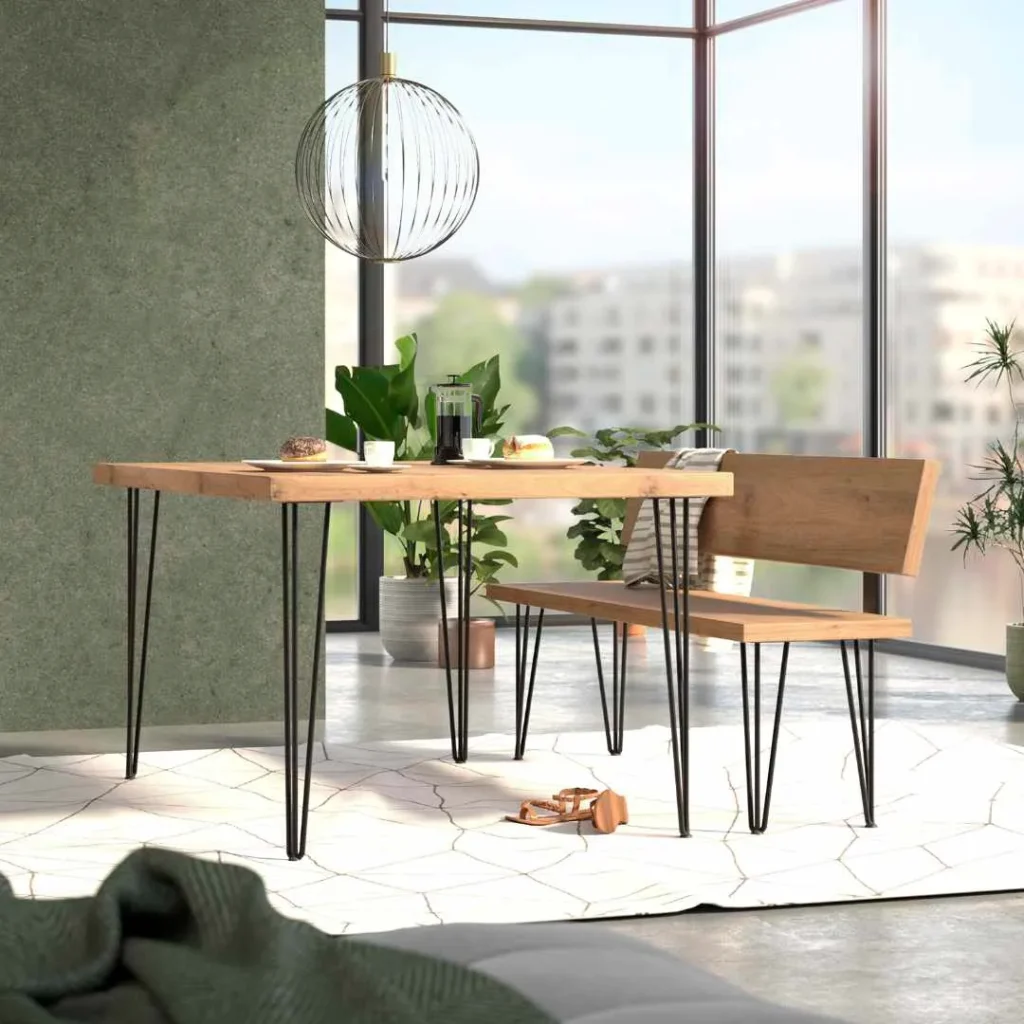 Esstisch und Essbank mit Haarnadel Beinen