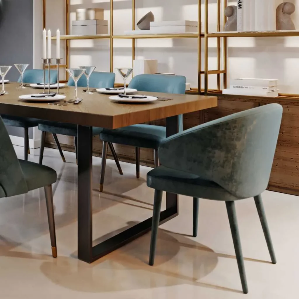 Esstisch mit schwarzen U-Form Beinen und einer Holzdekor Tischplatte