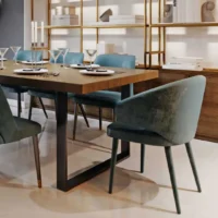 Esstisch mit schwarzen U-Form Beinen und einer Holzdekor Tischplatte