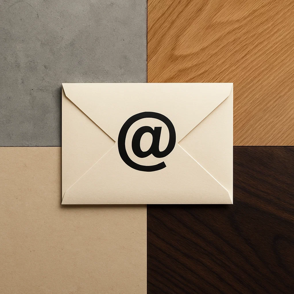 Umschlag mit @-Symbol auf Holzoberflächen in verschiedenen Farben